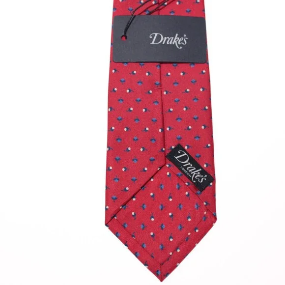 Drake's NWT Neck Tie in Red with Navy/Light Blue & White Floral Print 100% Silk